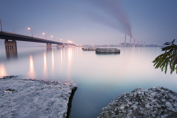 Artem Nosenko: city bridge lights smoke water river construction factory