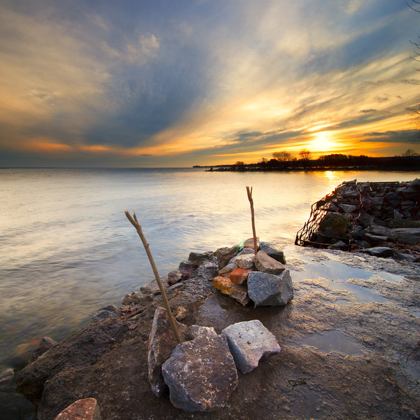 Artem Nosenko: construction water stones rocks shore sun sky clouds trees nature